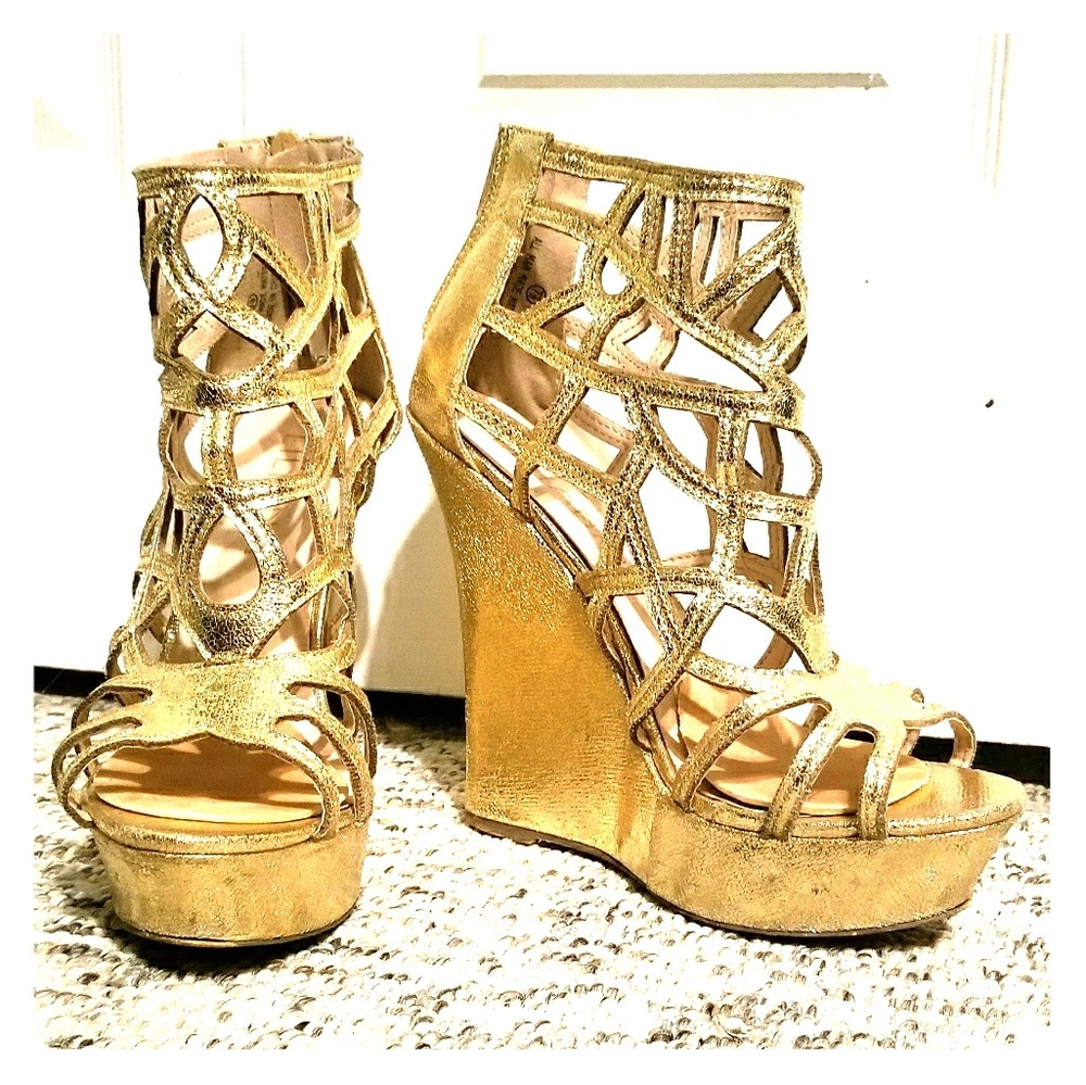 Glittery Gold Cage Wedges